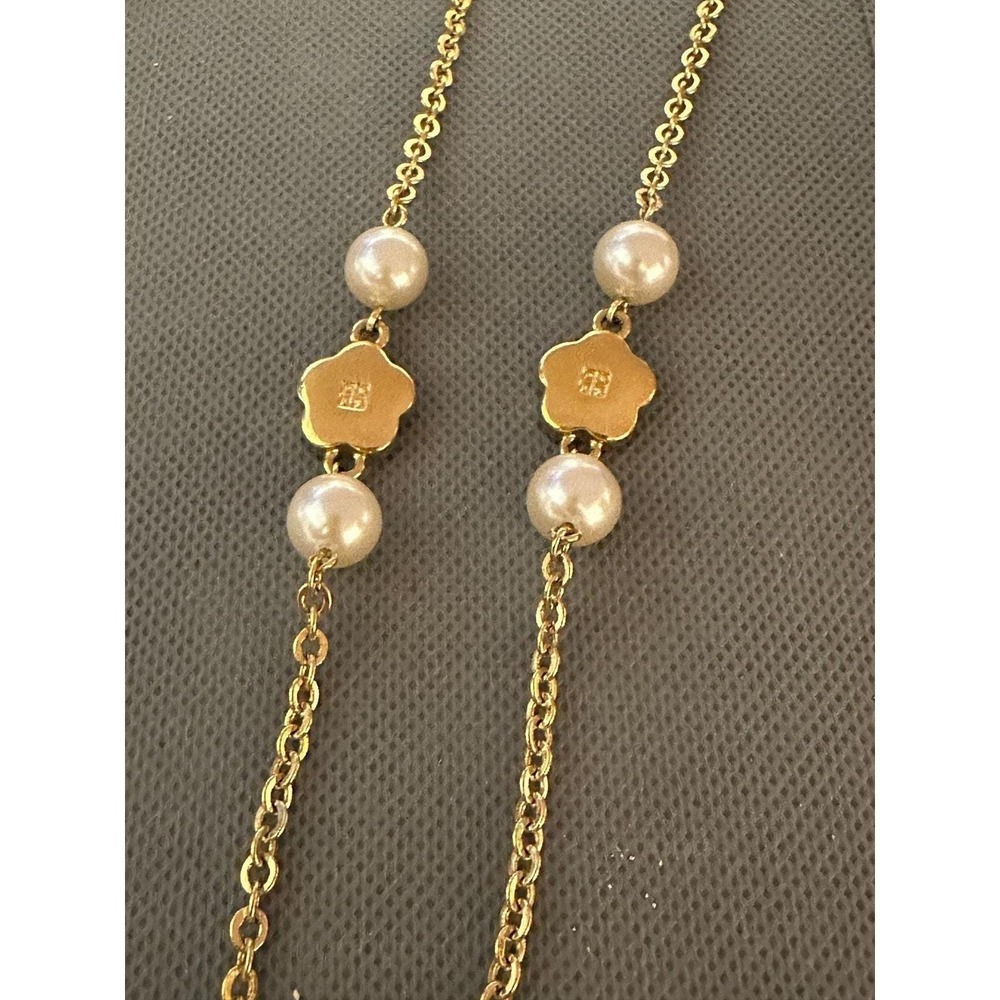 Givenchy Gold Tone Faux Pearl Flower Station Necklace 40 Inch Long Logo Charms - Picture 8 of 13